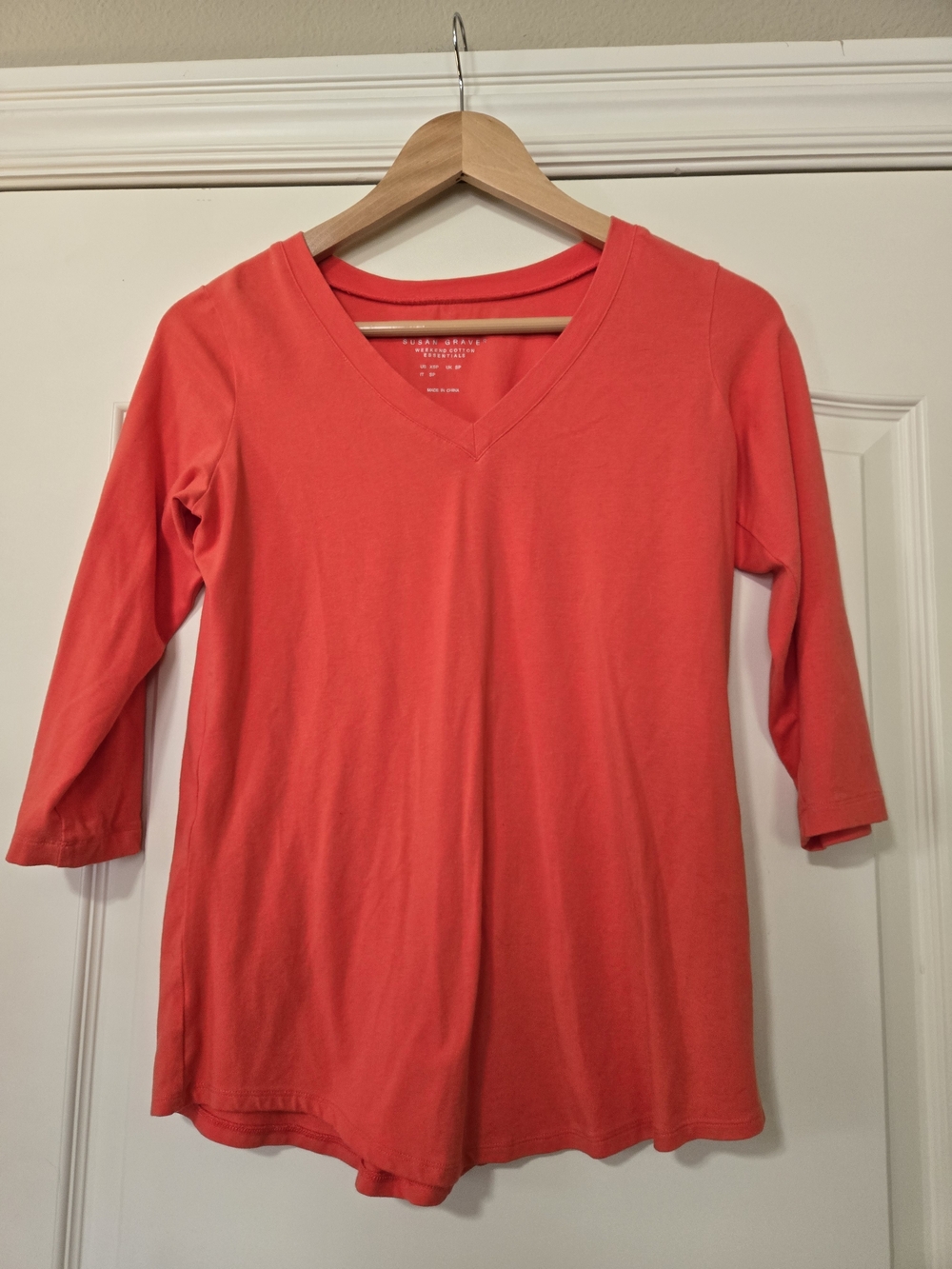 Susan Graver Coral V-Neck 3/4 Sleeve Top Cozy Soft Layering